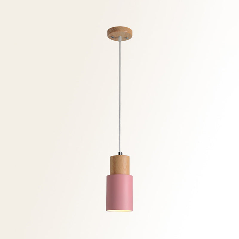 Tubular Ceiling Pendant Minimalist Metal 1 Light Suspension Lighting Fixture with Wood Top