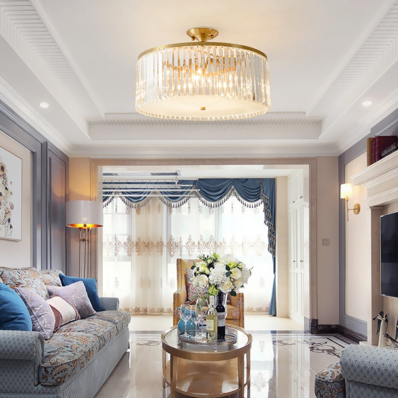 4/5/6 Bulbs Drum Semi Flush Ceiling Light Modern Clear Crystal Ceiling Lamp in Gold